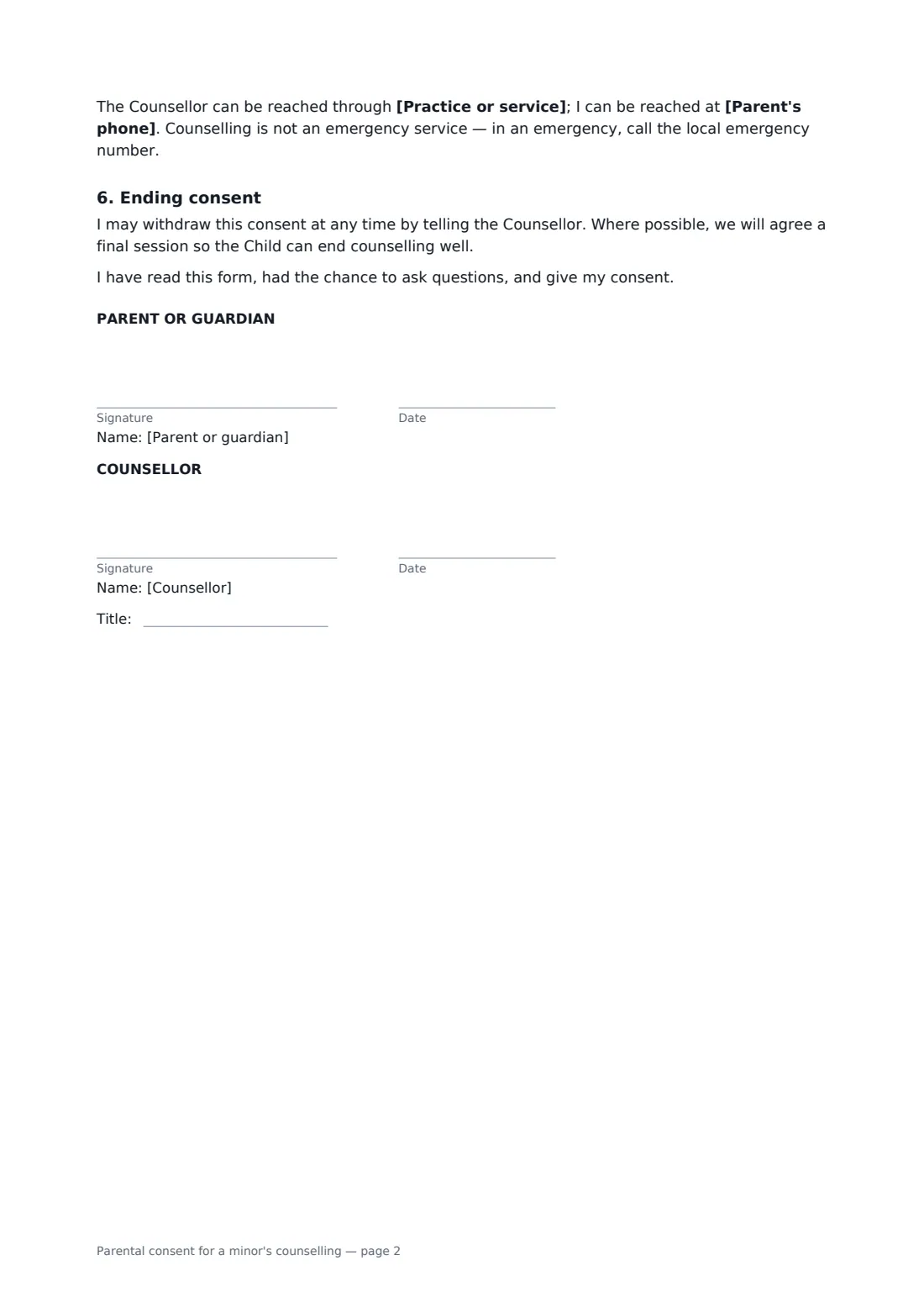 Parental consent for a minor's counselling — page 2 of 2