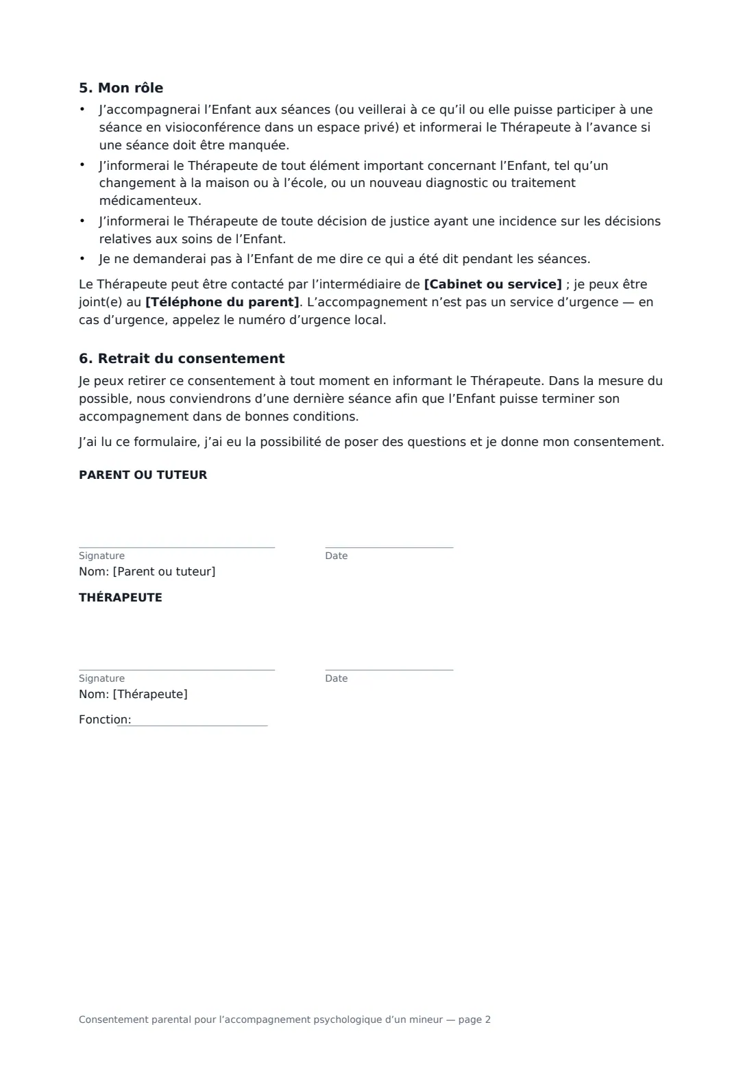 Consentement parental pour l’accompagnement psychologique d’un mineur — page 2 sur 2