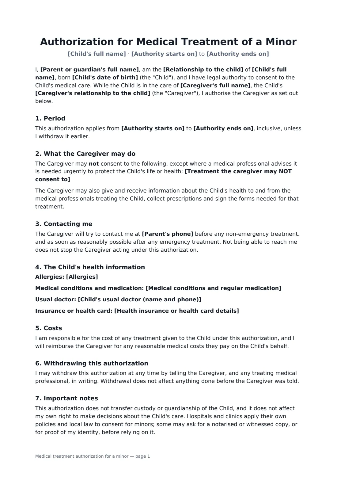 Medical treatment authorization for a minor — page 1 of 2