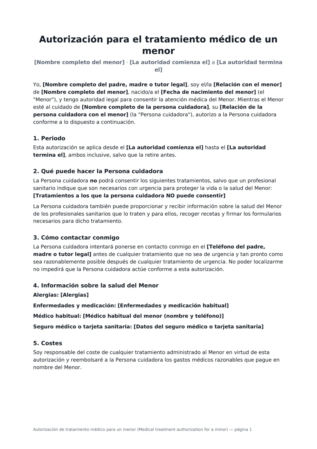 Autorización de tratamiento médico para un menor (Medical treatment authorization for a minor): página 1 de 2