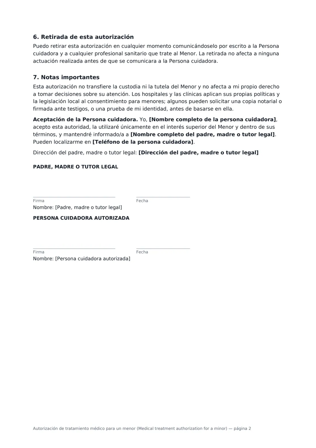 Autorización de tratamiento médico para un menor (Medical treatment authorization for a minor): página 2 de 2