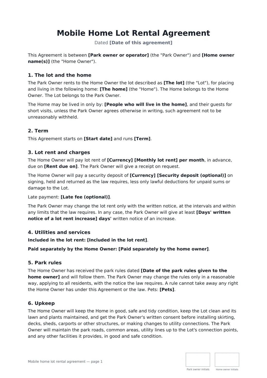 Mobile home lot rental agreement — page 1 of 2