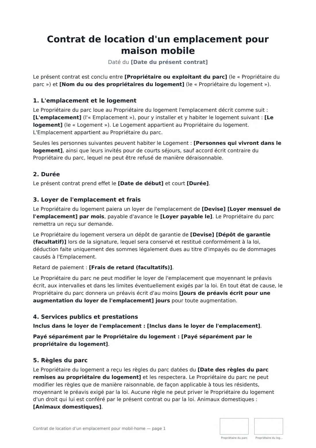 Contrat de location d’un emplacement pour mobil-home — page 1 sur 3
