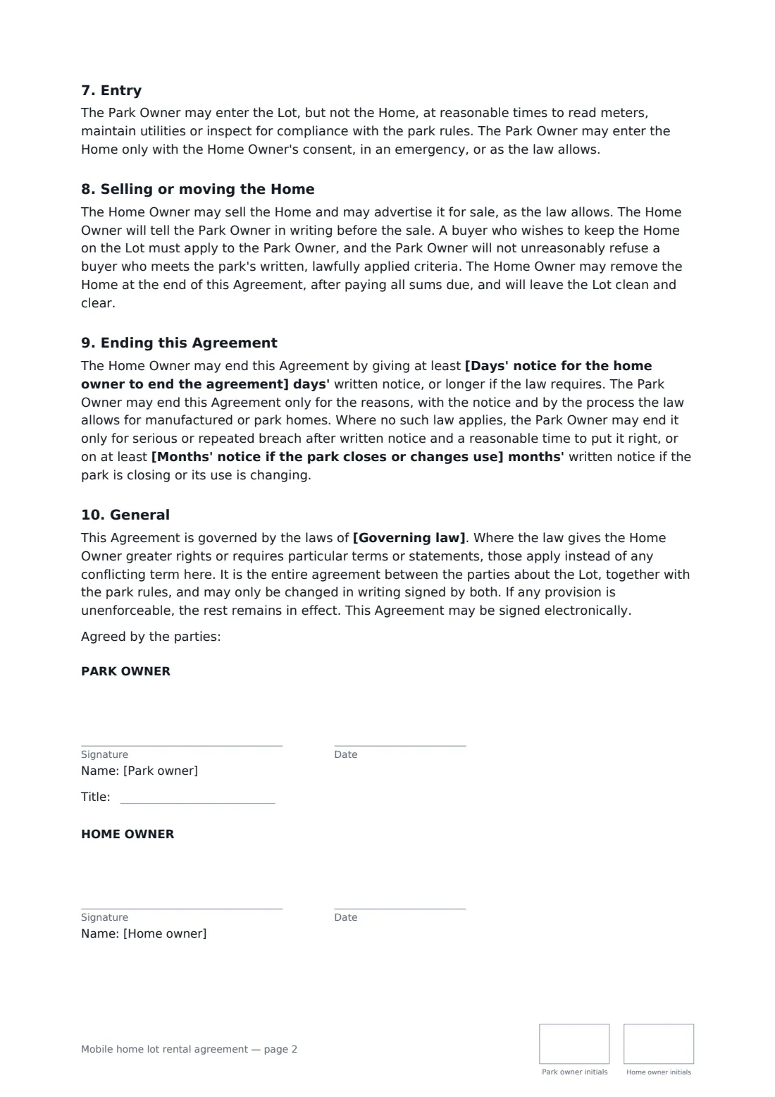 Mobile home lot rental agreement — page 2 of 2