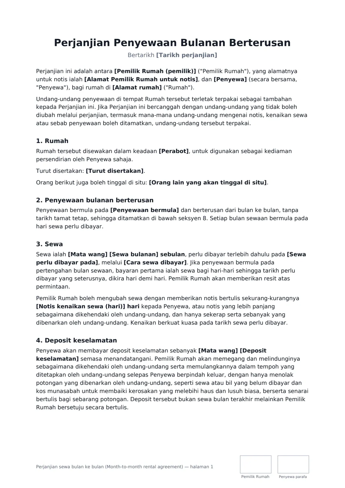 Perjanjian sewa bulan ke bulan (Month-to-month rental agreement) — halaman 1 daripada 3