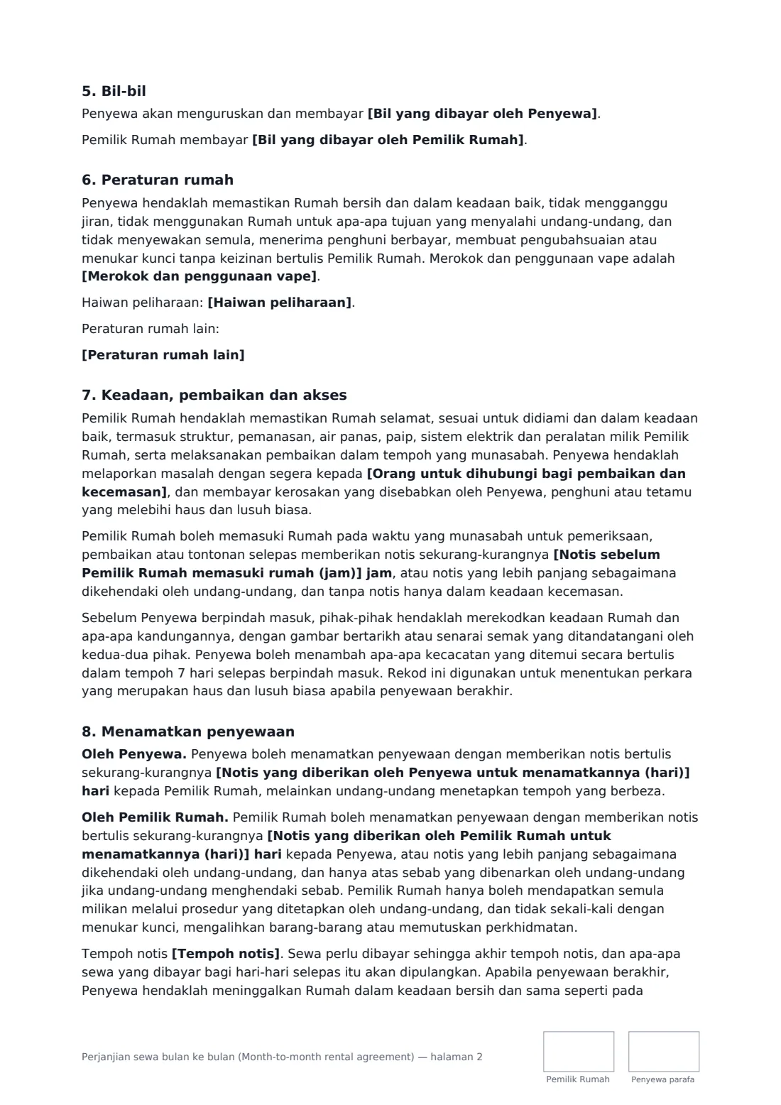 Perjanjian sewa bulan ke bulan (Month-to-month rental agreement) — halaman 2 daripada 3