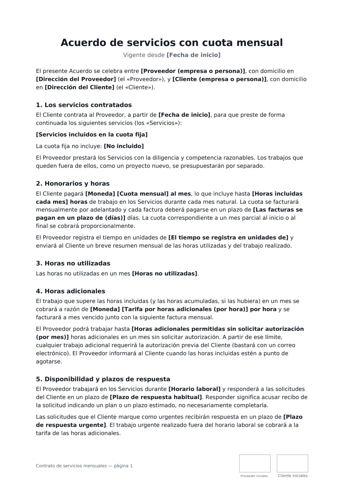 Contrato de servicios mensuales: página 1 de 3