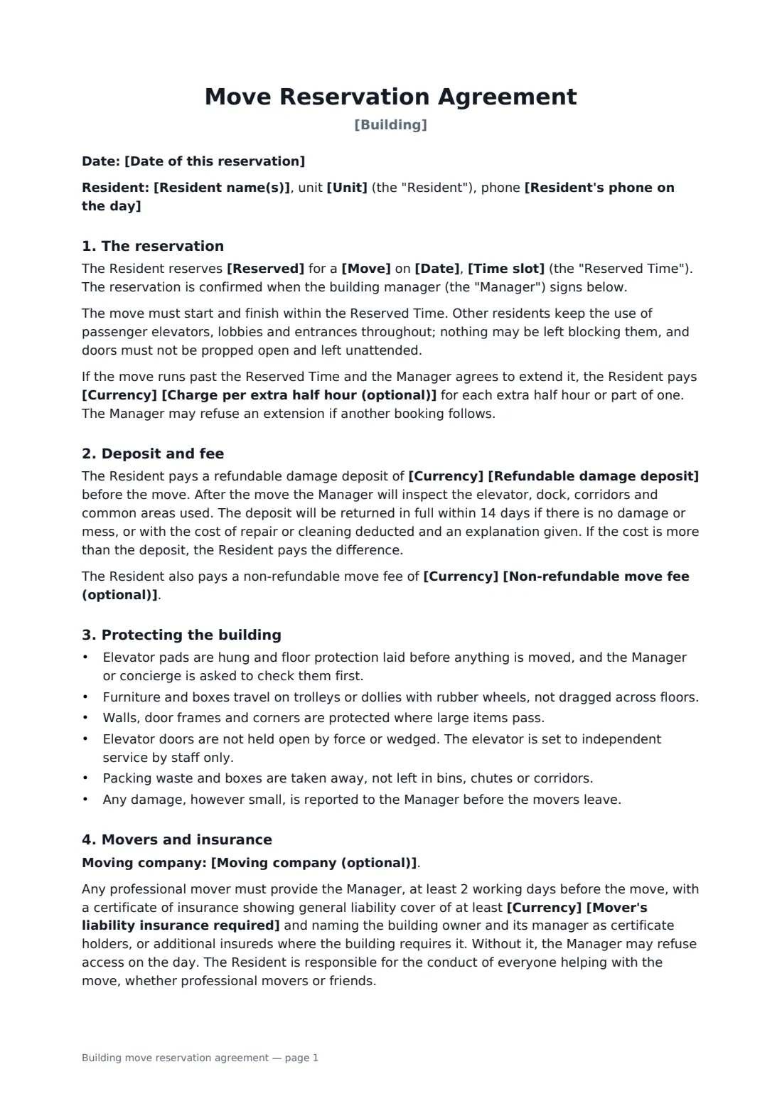 Building move reservation agreement — page 1 of 2