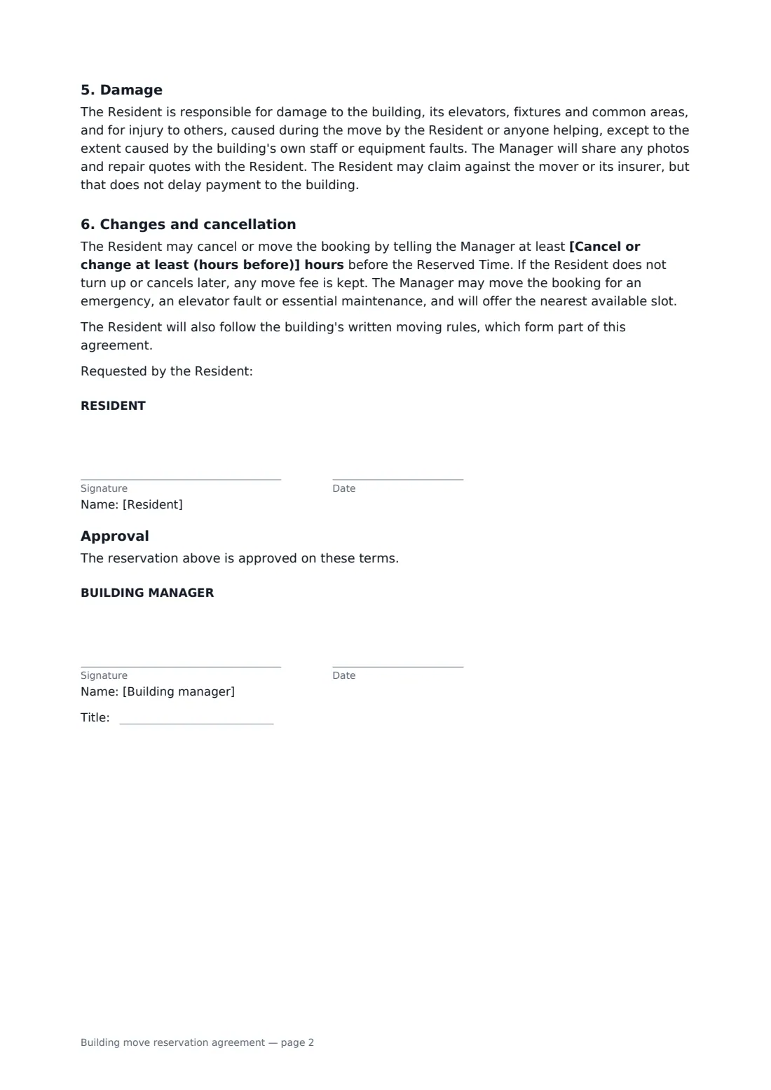 Building move reservation agreement — page 2 of 2