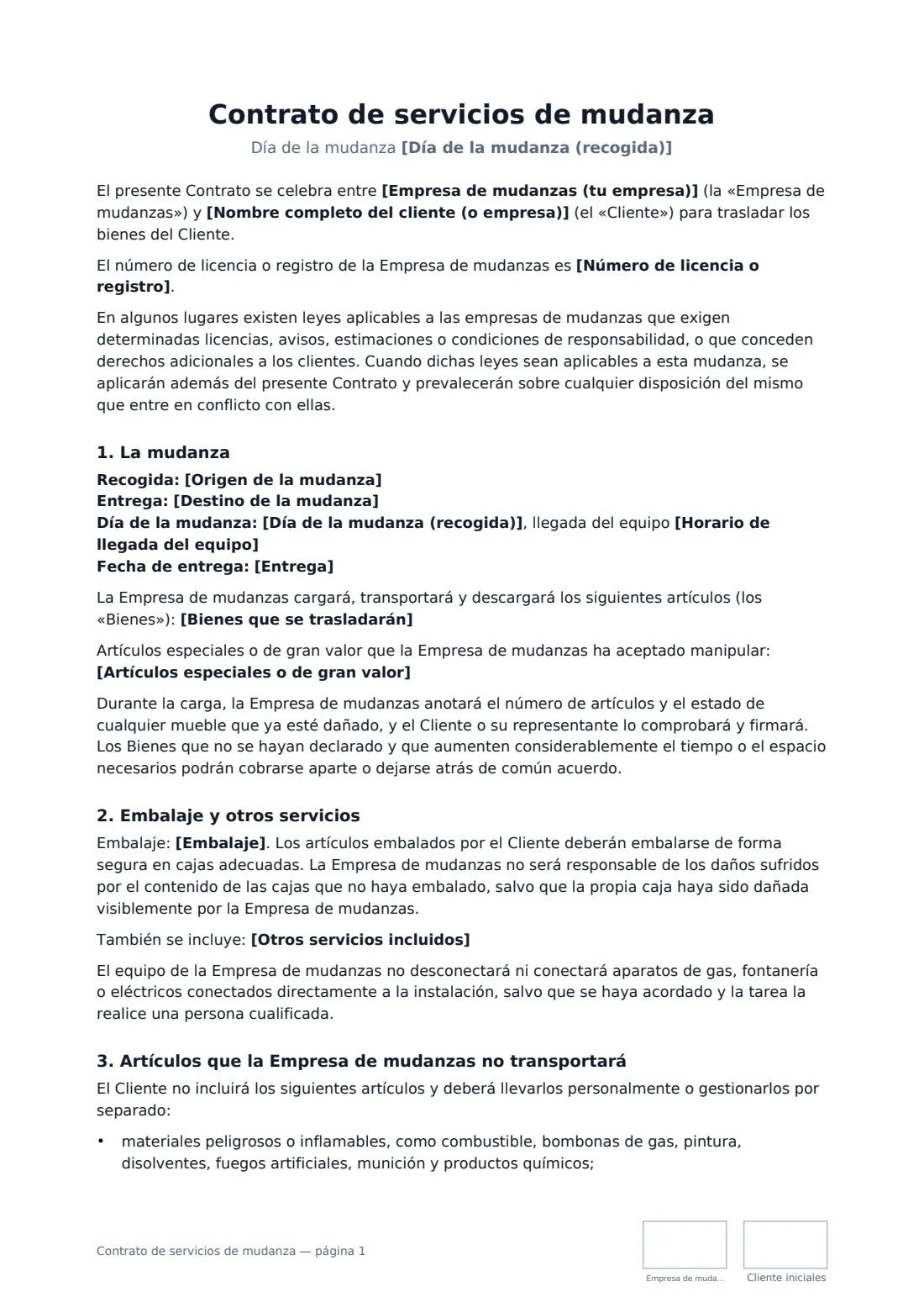 Contrato de servicios de mudanza: página 1 de 3