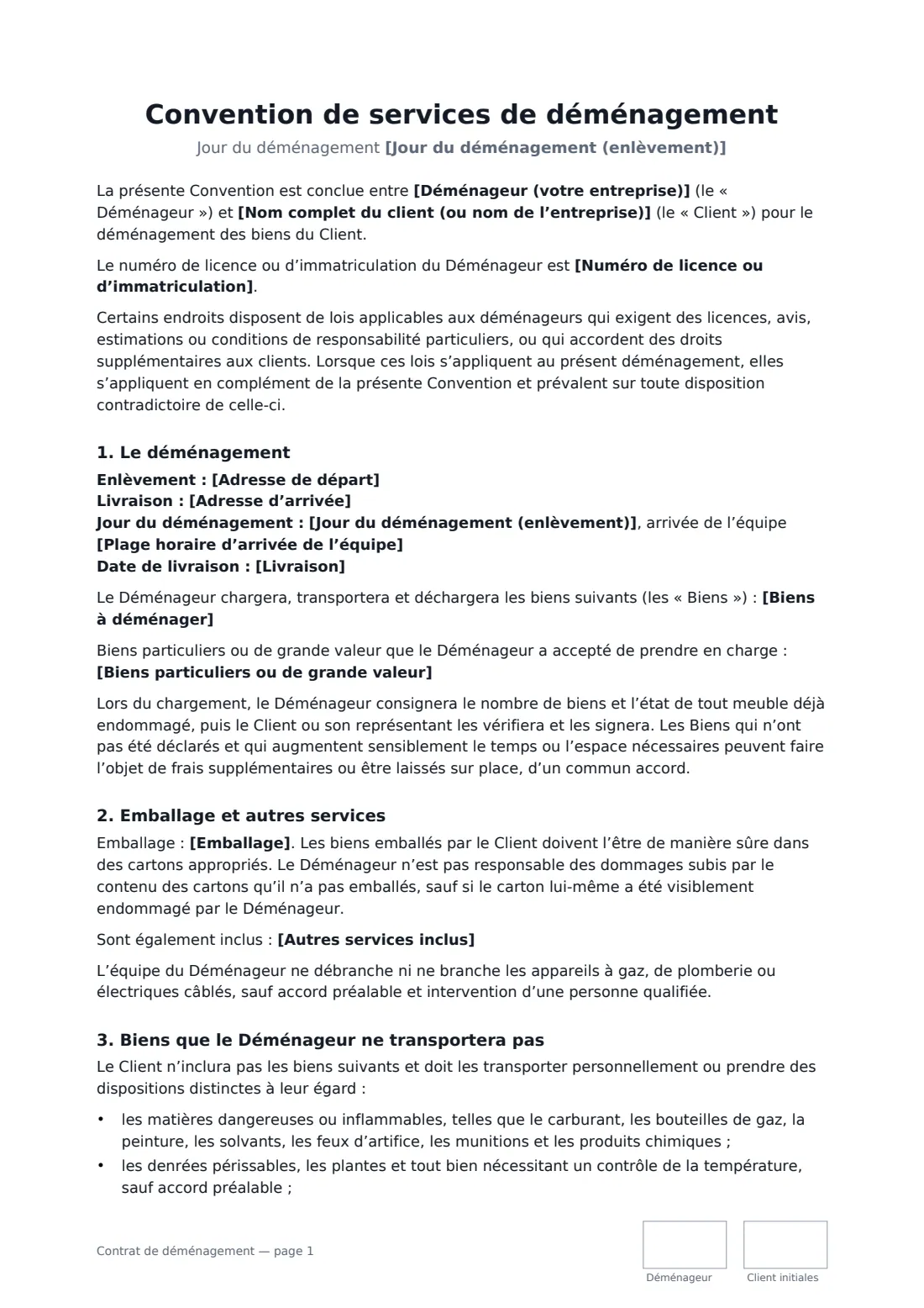 Contrat de déménagement — page 1 sur 3