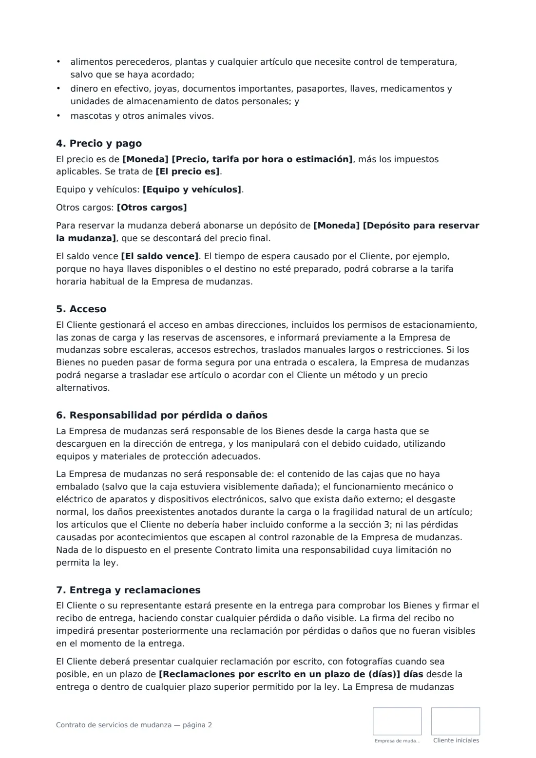 Contrato de servicios de mudanza: página 2 de 3