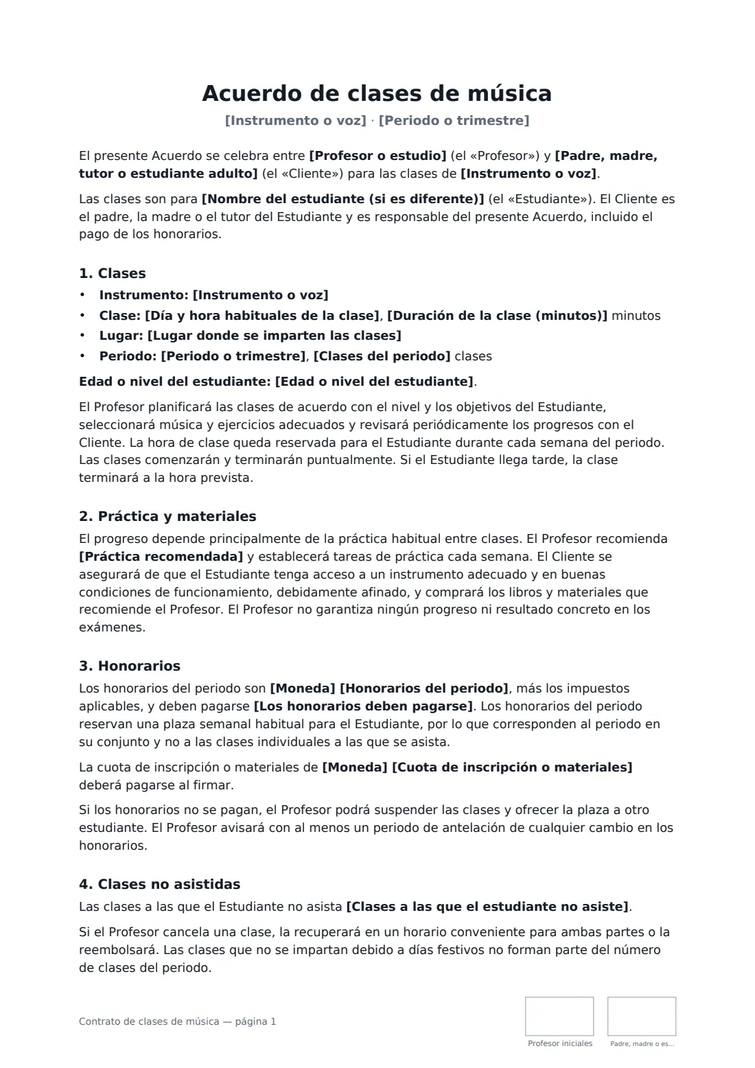 Contrato de clases de música: página 1 de 3