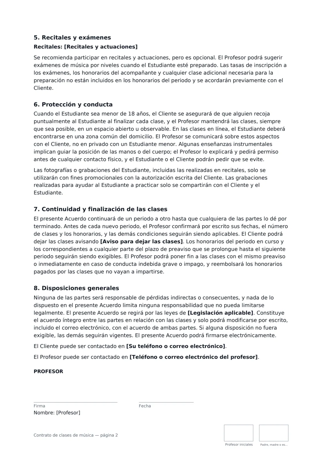 Contrato de clases de música: página 2 de 3
