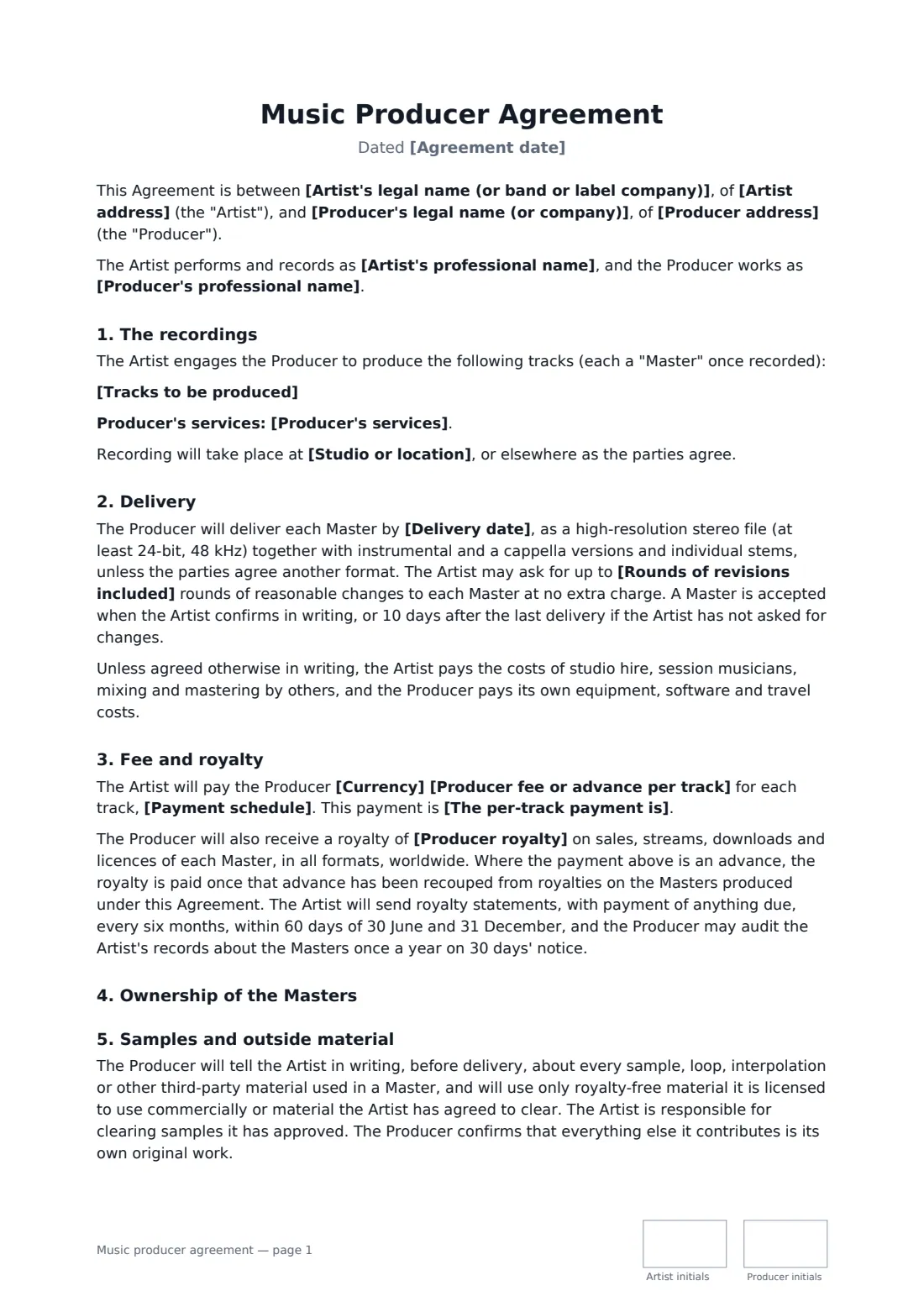 Music producer agreement — page 1 of 2