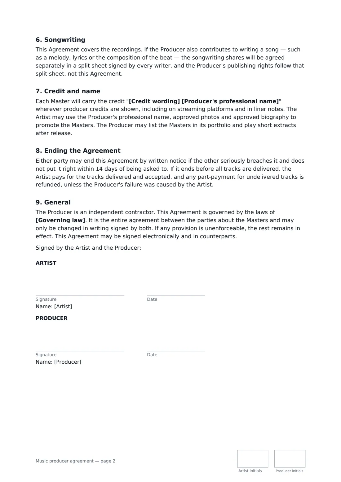 Music producer agreement — page 2 of 2