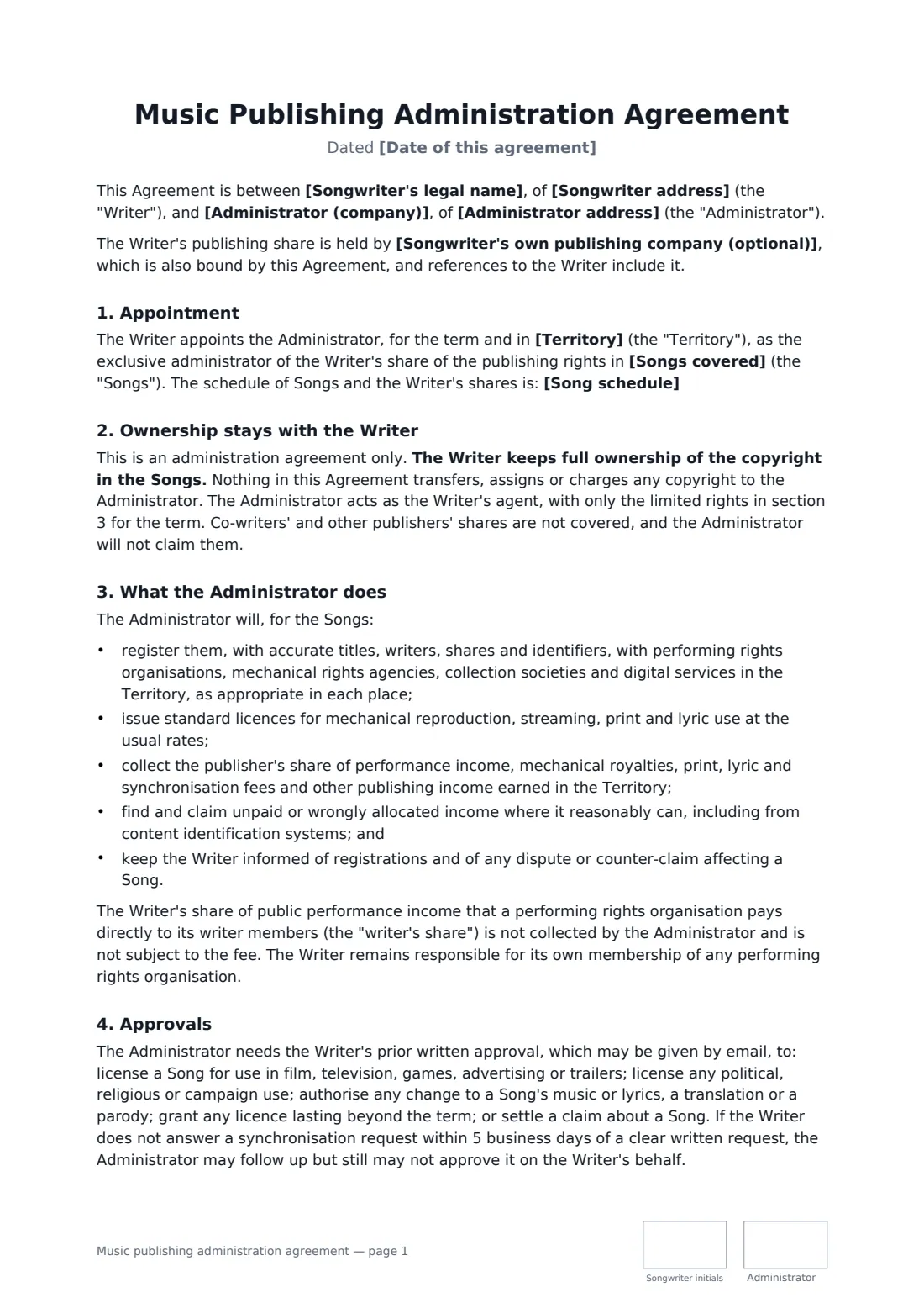 Music publishing administration agreement — page 1 of 3