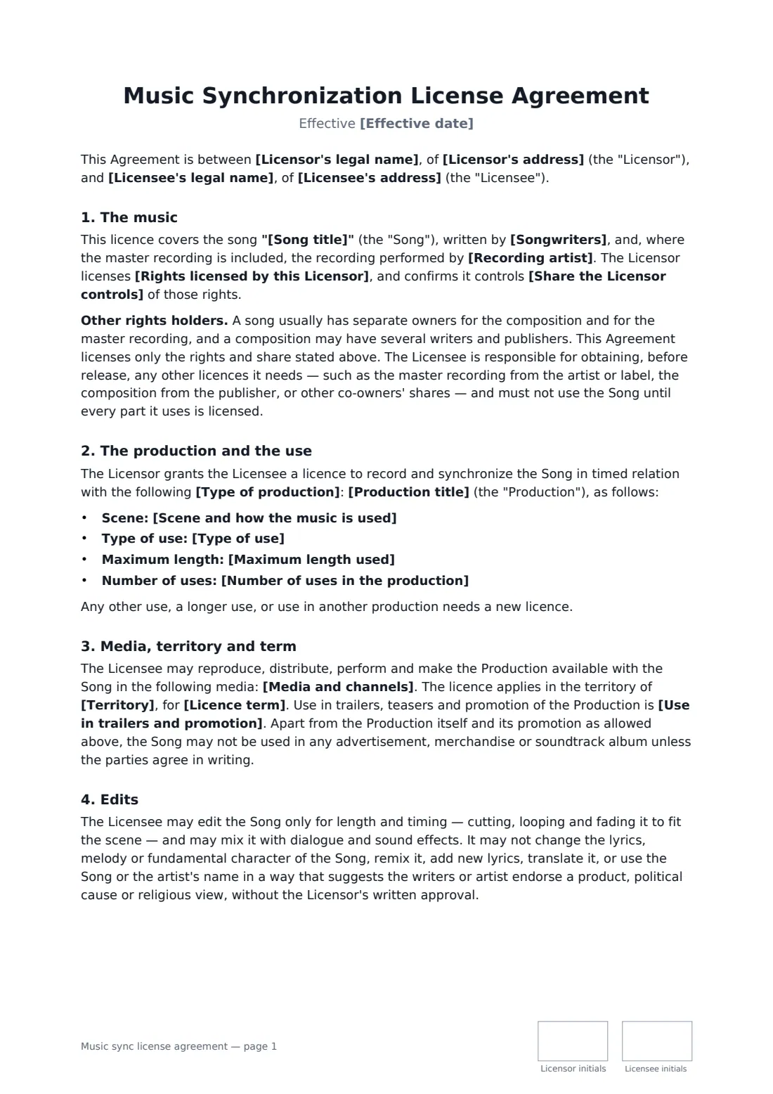 Music sync license agreement — page 1 of 3
