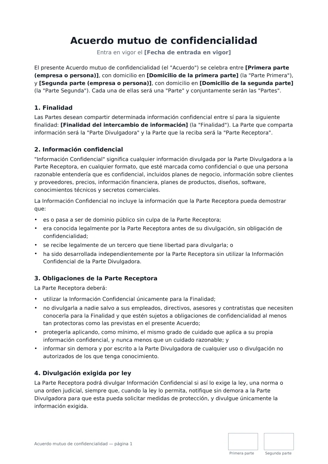 Acuerdo mutuo de confidencialidad: página 1 de 3