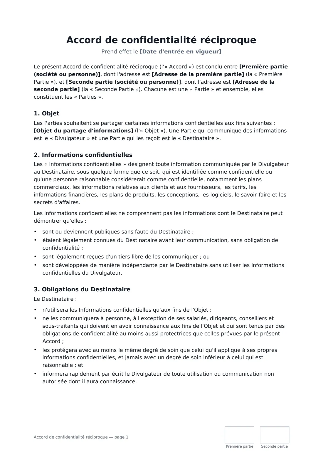 Accord de confidentialité réciproque — page 1 sur 3
