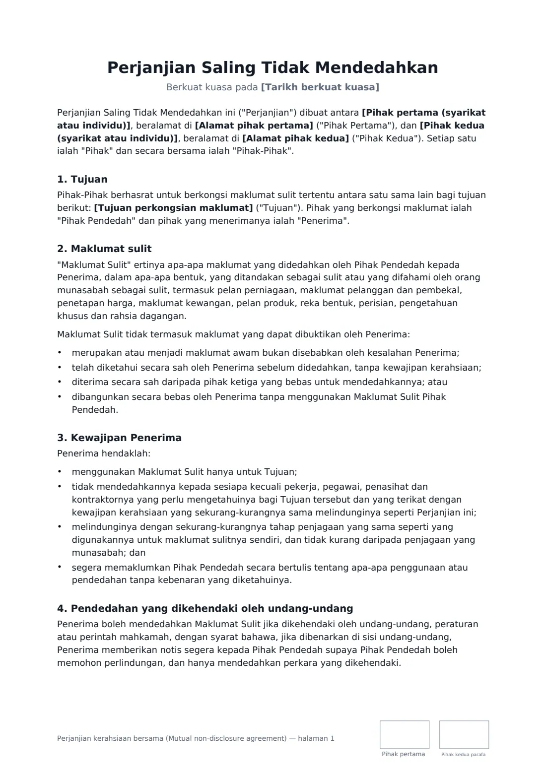 Perjanjian kerahsiaan bersama (Mutual non-disclosure agreement) — halaman 1 daripada 3