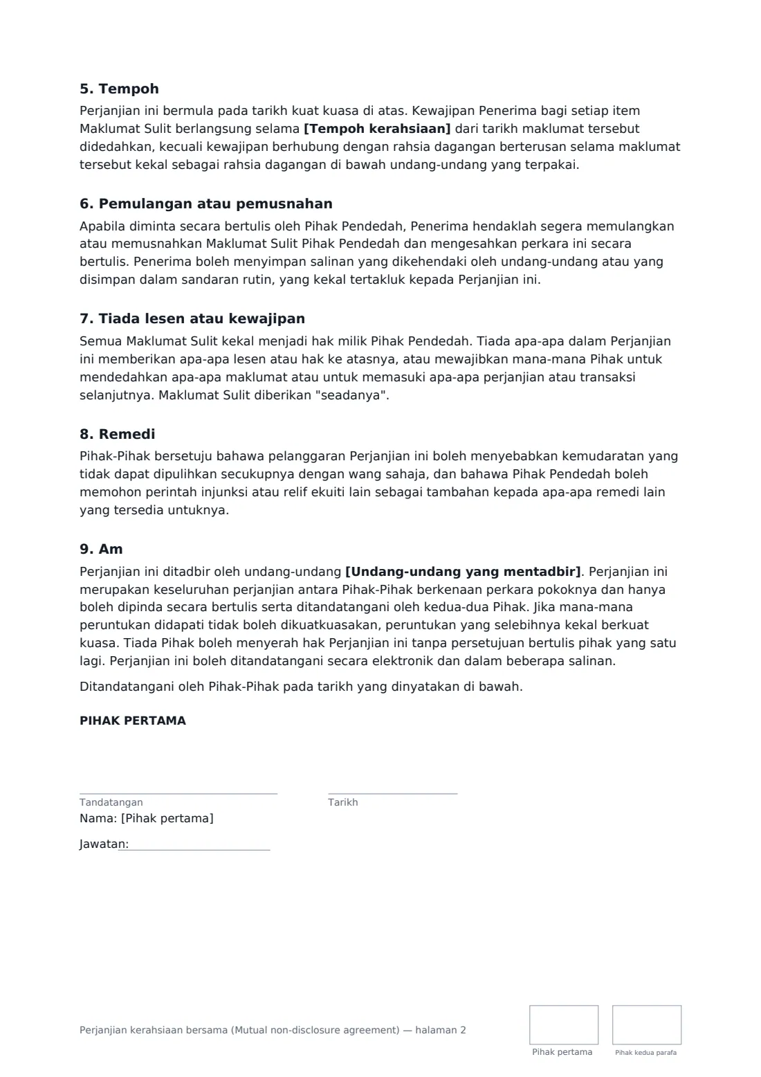 Perjanjian kerahsiaan bersama (Mutual non-disclosure agreement) — halaman 2 daripada 3