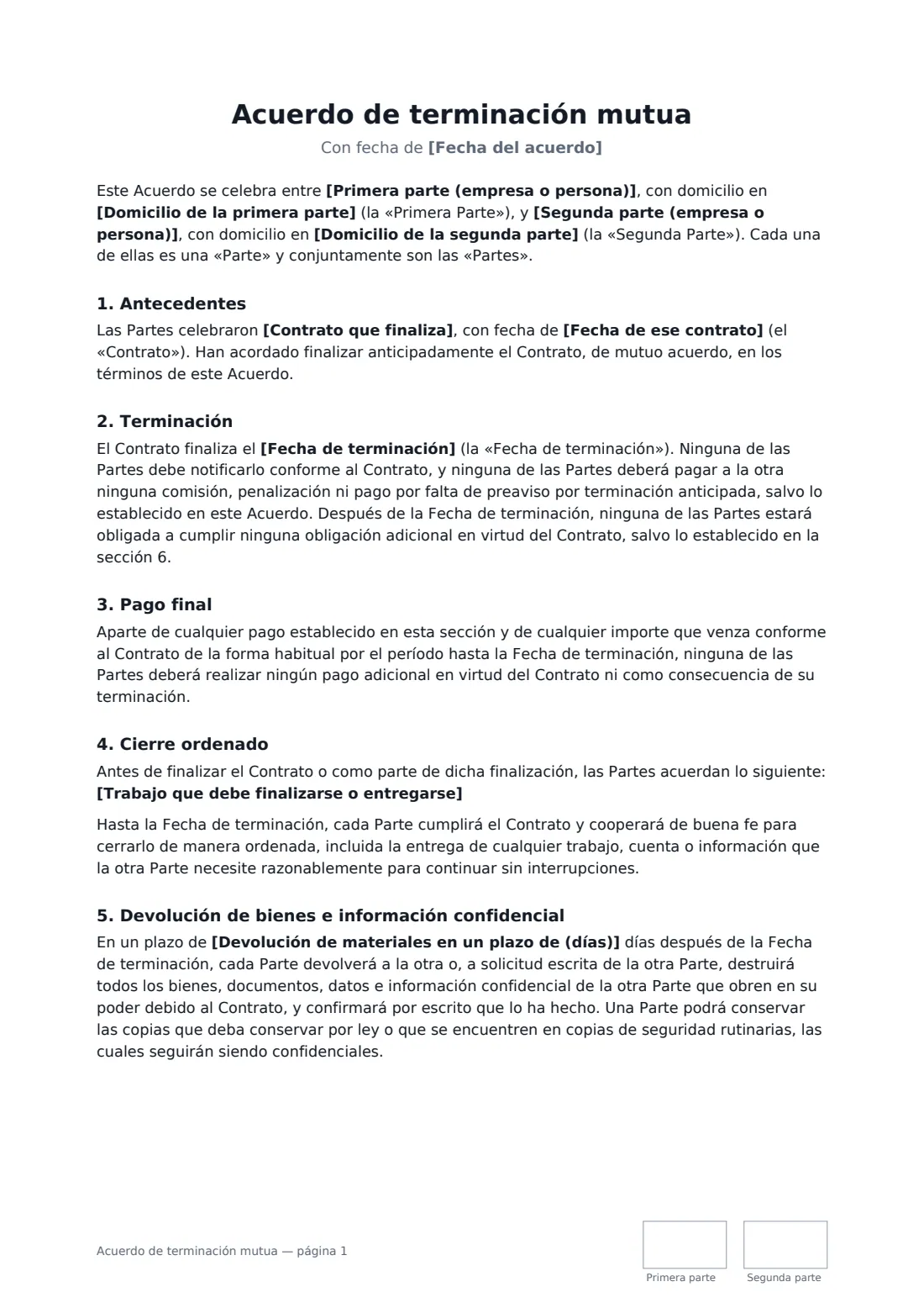 Acuerdo de terminación mutua: página 1 de 2