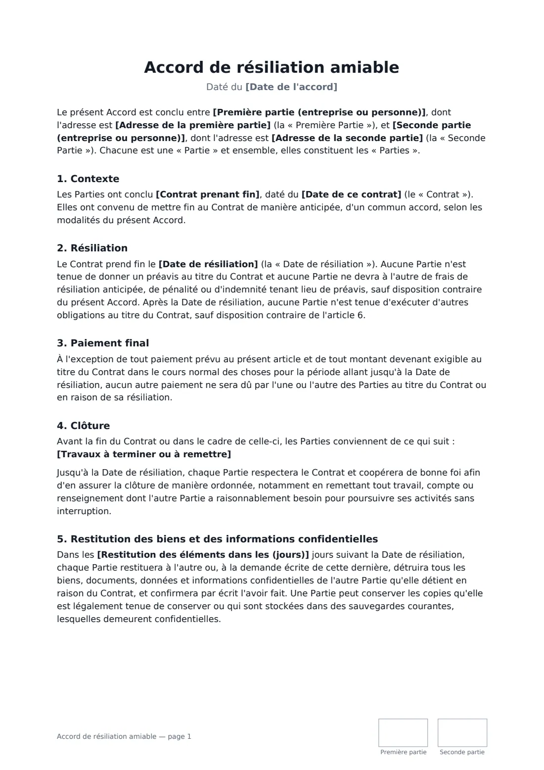 Accord de résiliation amiable — page 1 sur 2