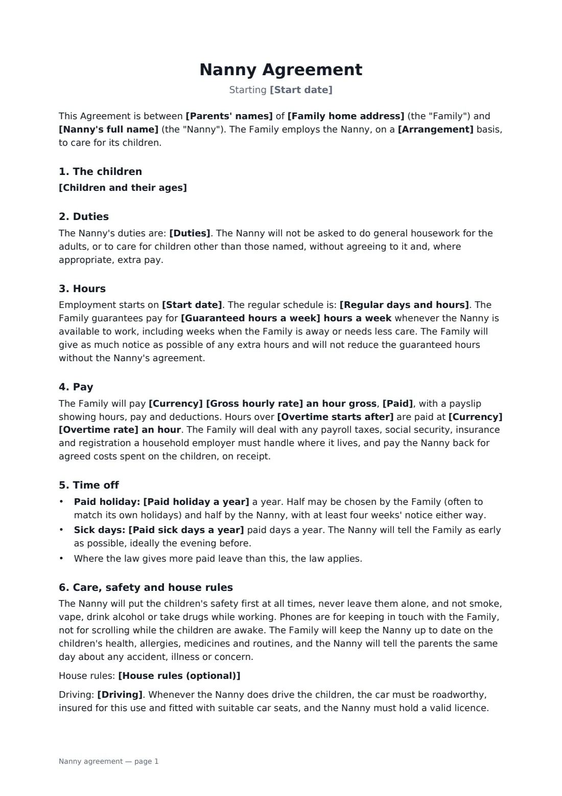 Nanny agreement — page 1 of 2