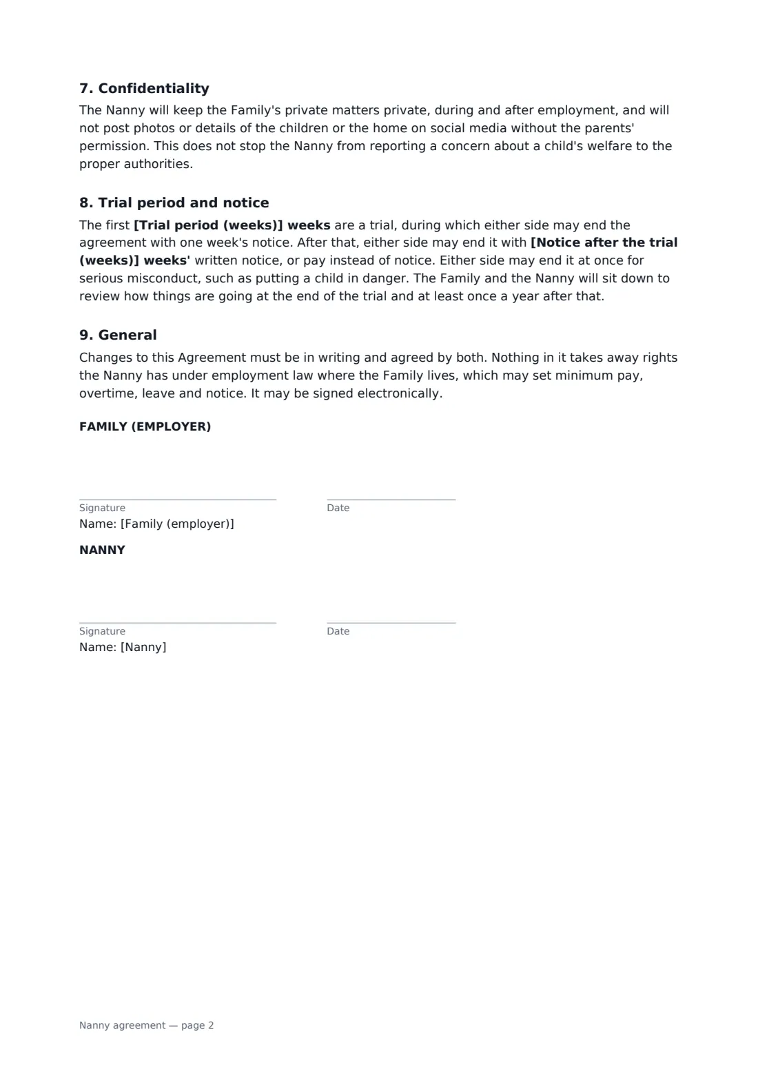 Nanny agreement — page 2 of 2