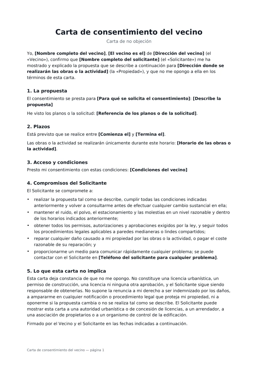 Carta de consentimiento del vecino: página 1 de 2
