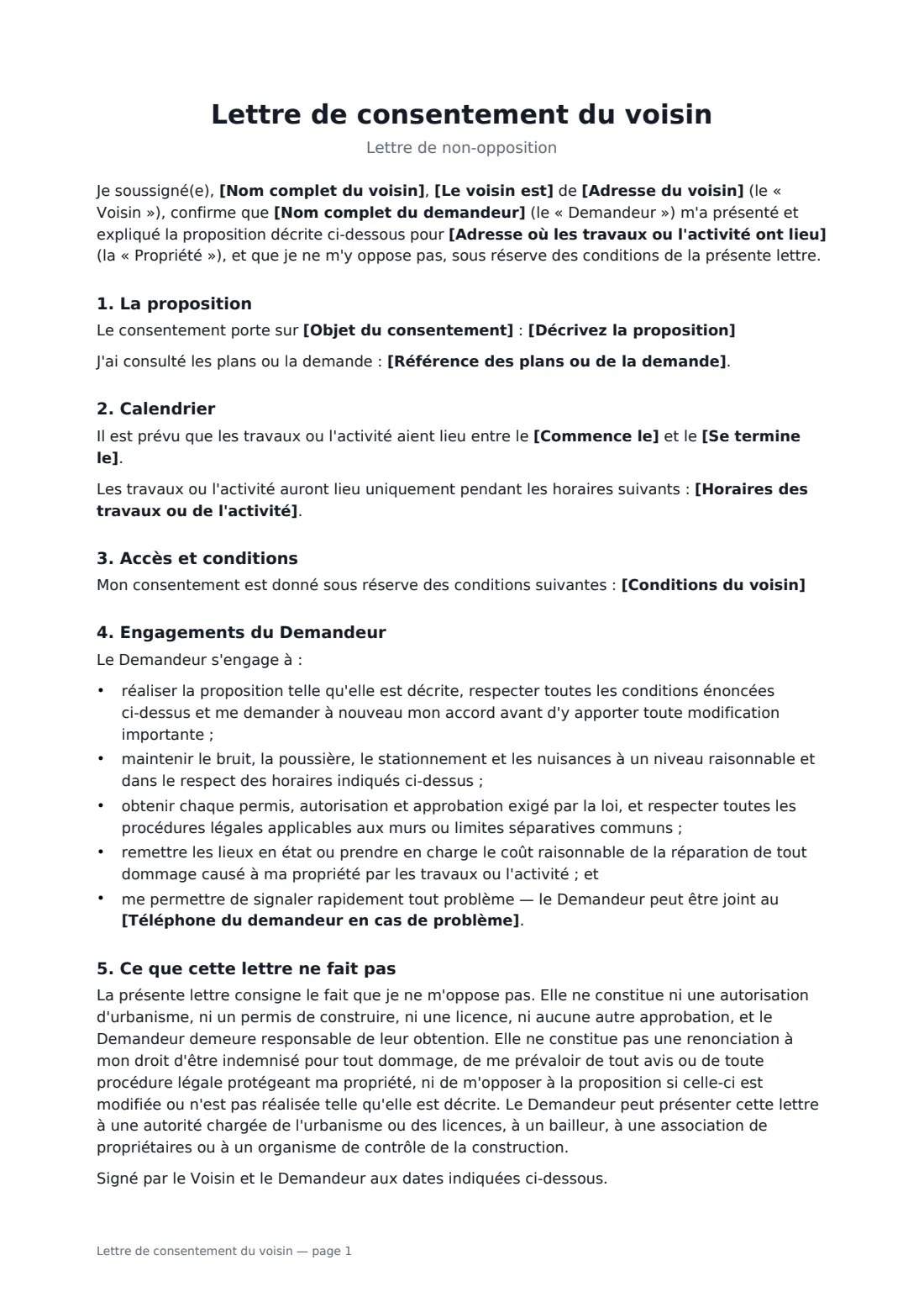 Lettre de consentement du voisin — page 1 sur 2