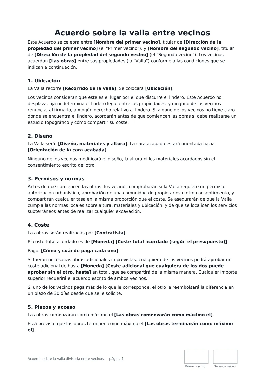 Acuerdo sobre la valla divisoria entre vecinos: página 1 de 2