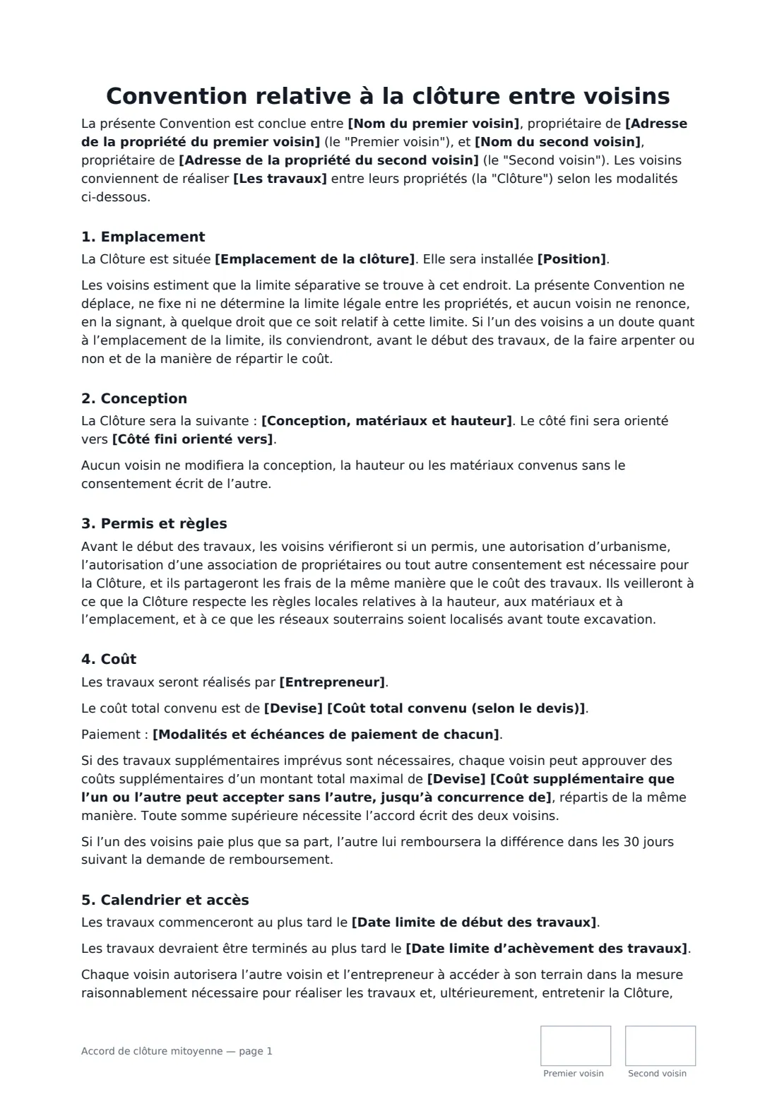 Accord de clôture mitoyenne — page 1 sur 2