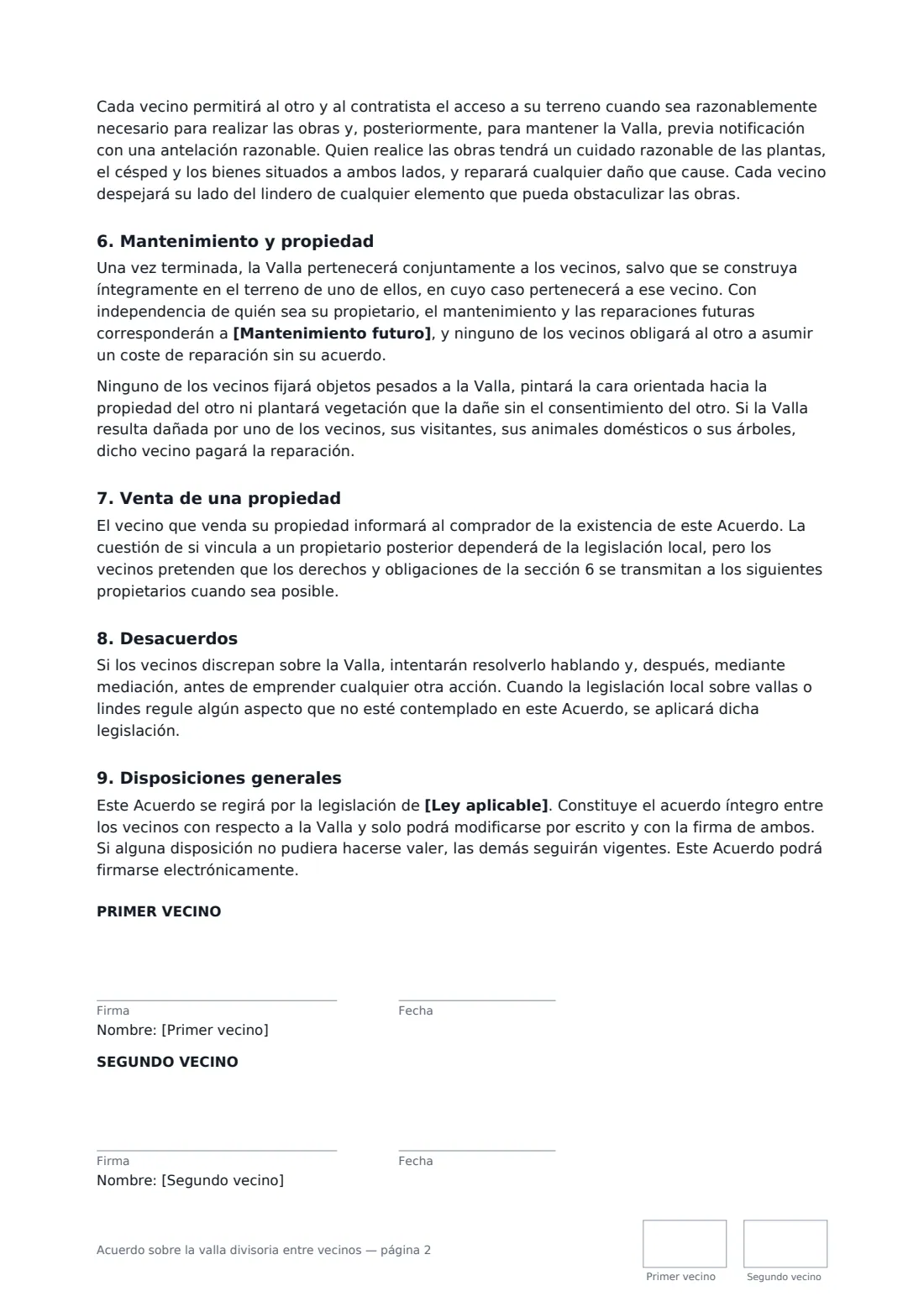 Acuerdo sobre la valla divisoria entre vecinos: página 2 de 2