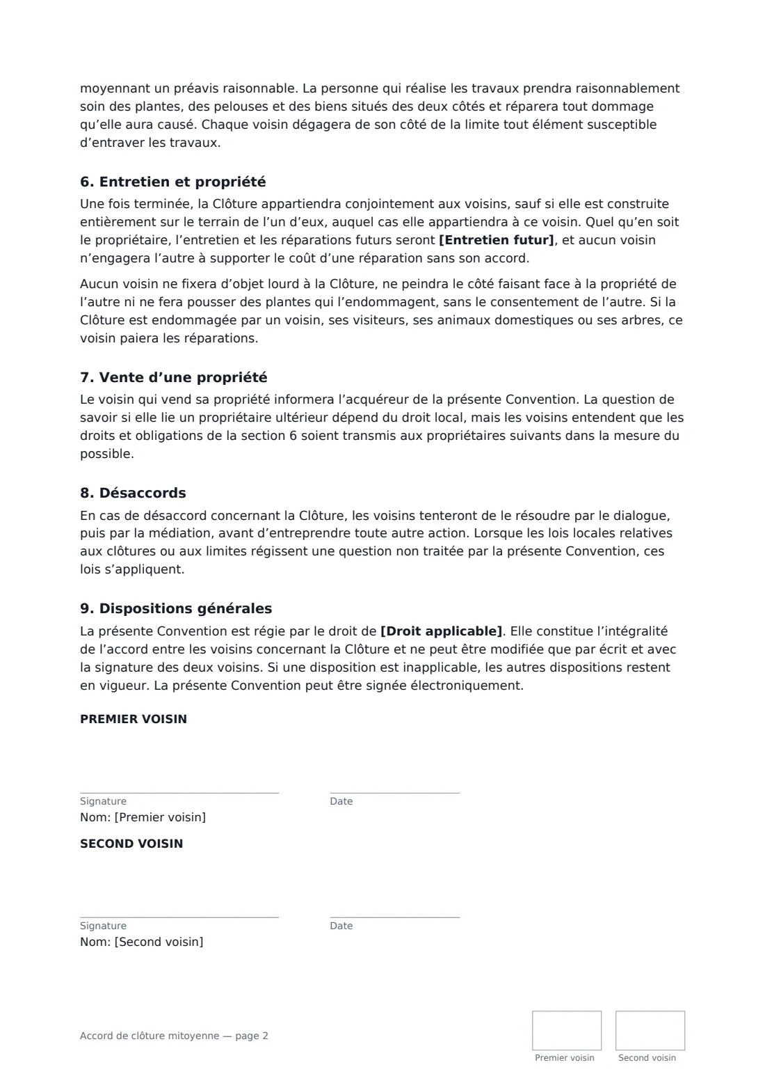 Accord de clôture mitoyenne — page 2 sur 2