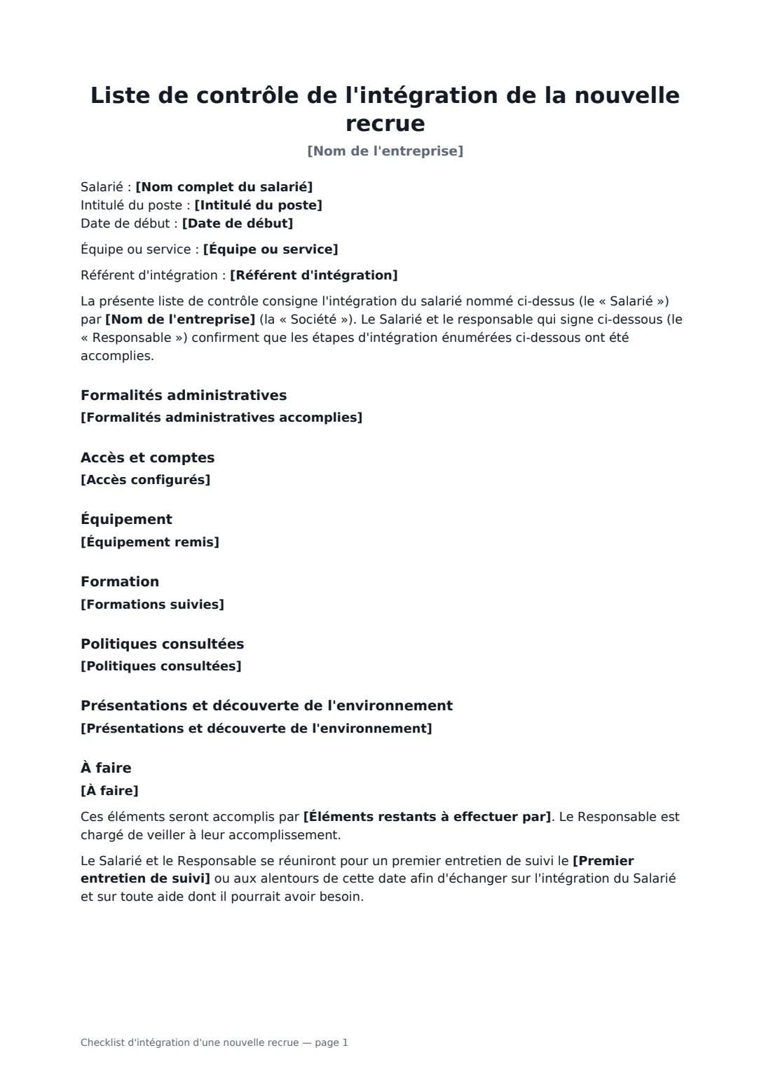 Checklist d'intégration d'une nouvelle recrue — page 1 sur 2