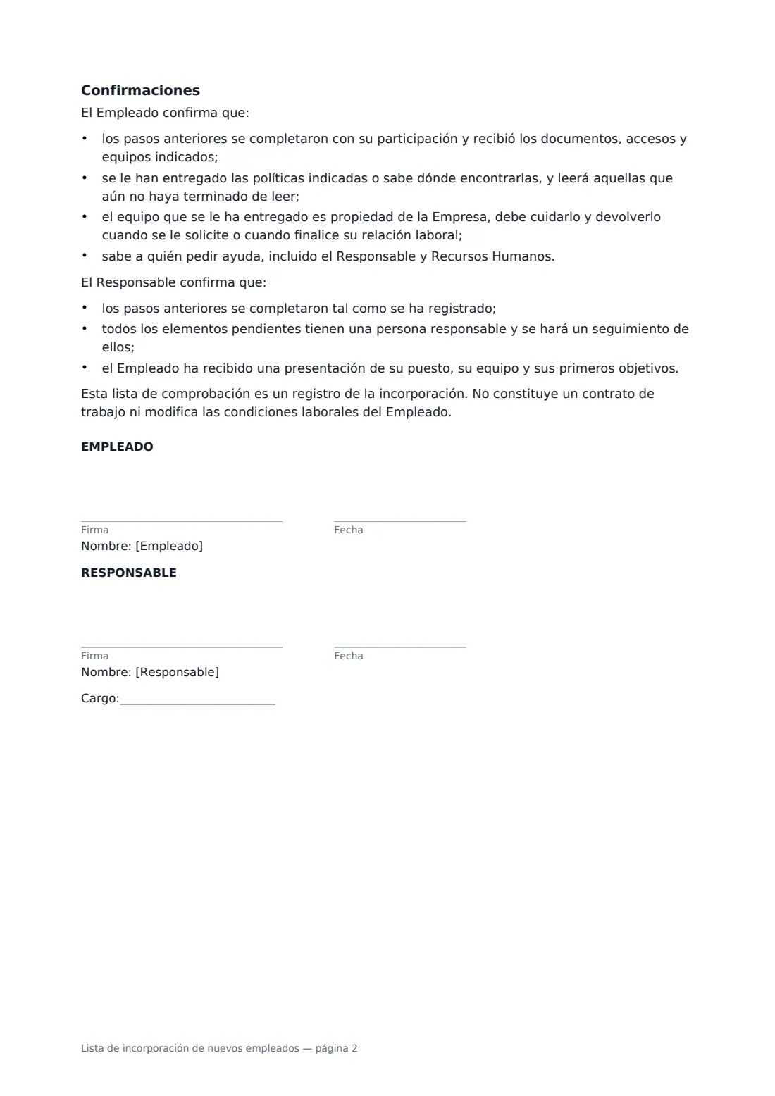 Lista de incorporación de nuevos empleados: página 2 de 2