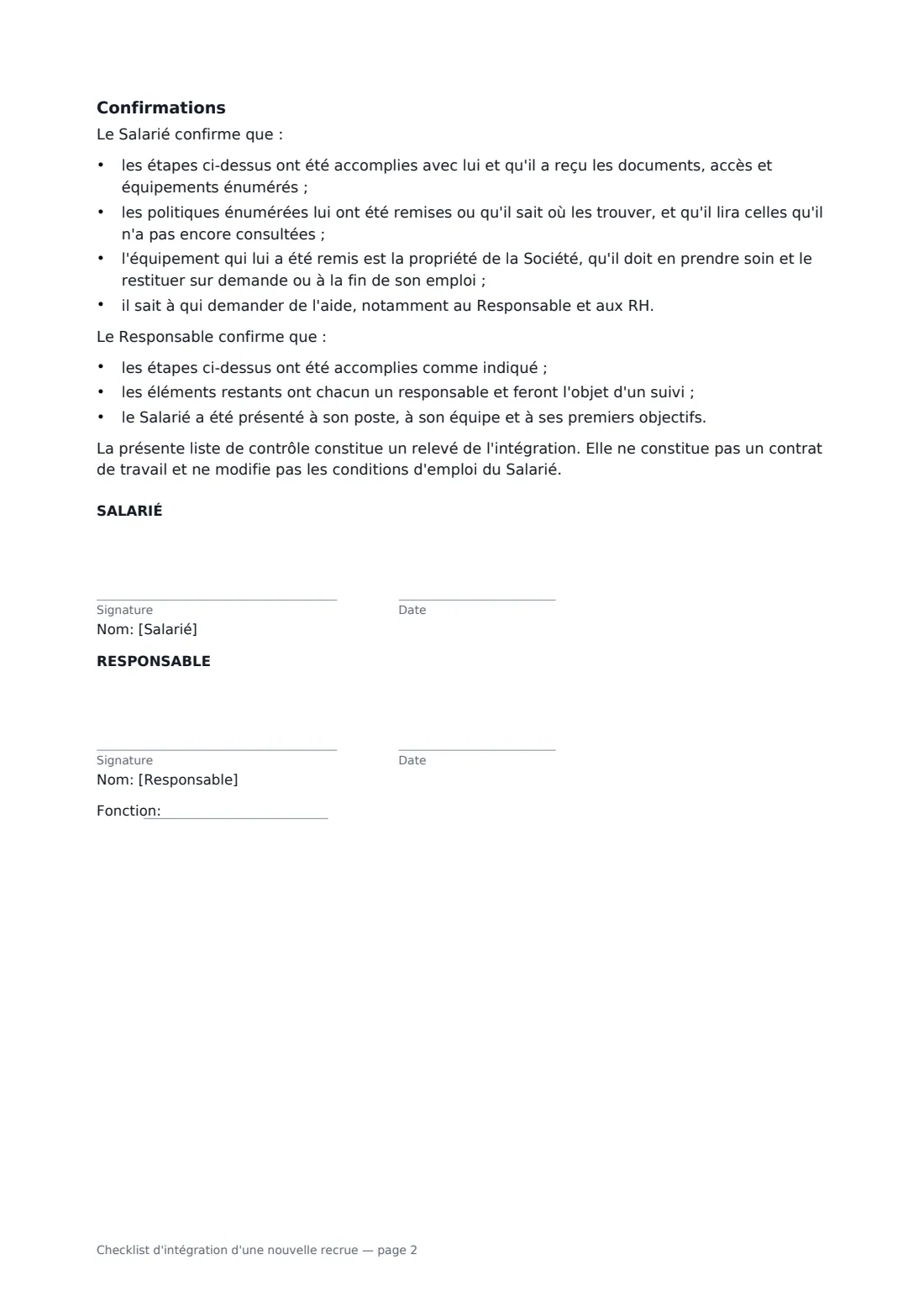 Checklist d'intégration d'une nouvelle recrue — page 2 sur 2