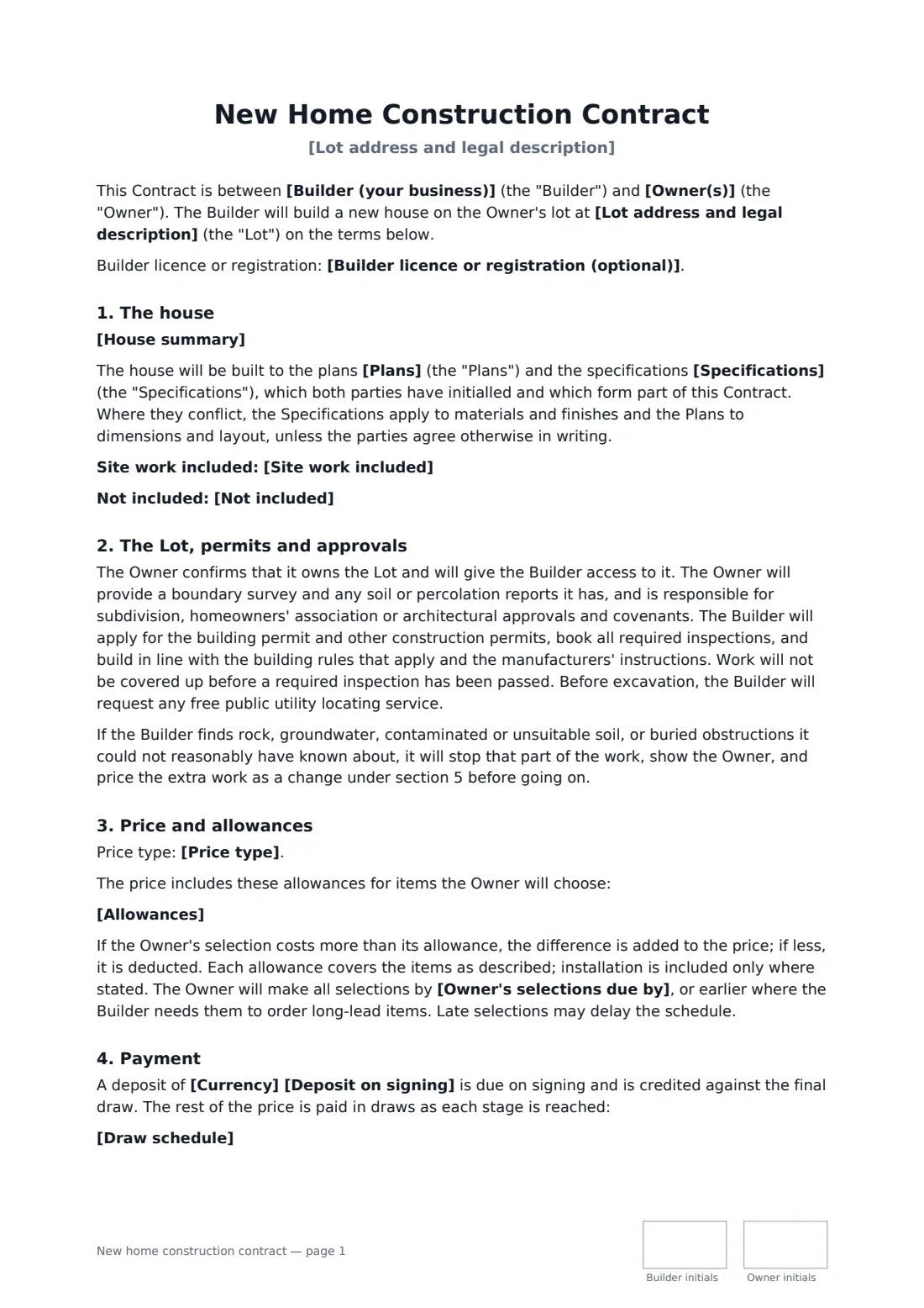 New home construction contract — page 1 of 4