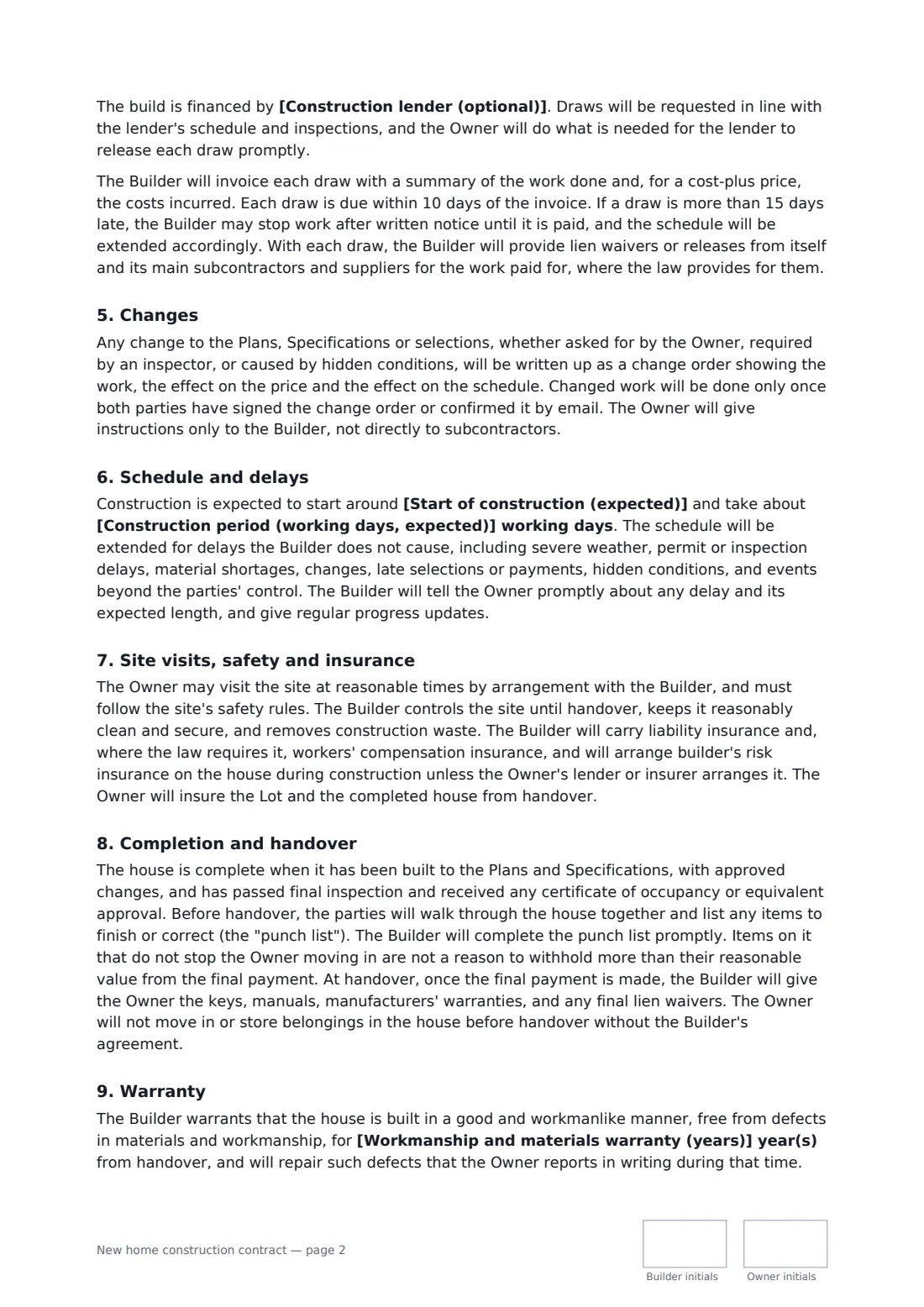 New home construction contract — page 2 of 4