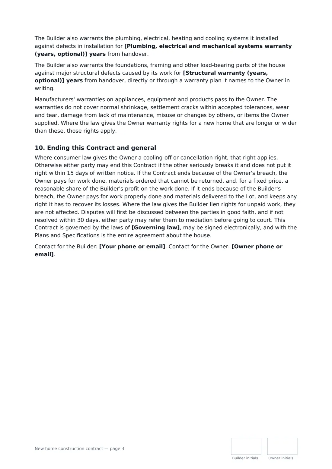 New home construction contract — page 3 of 4