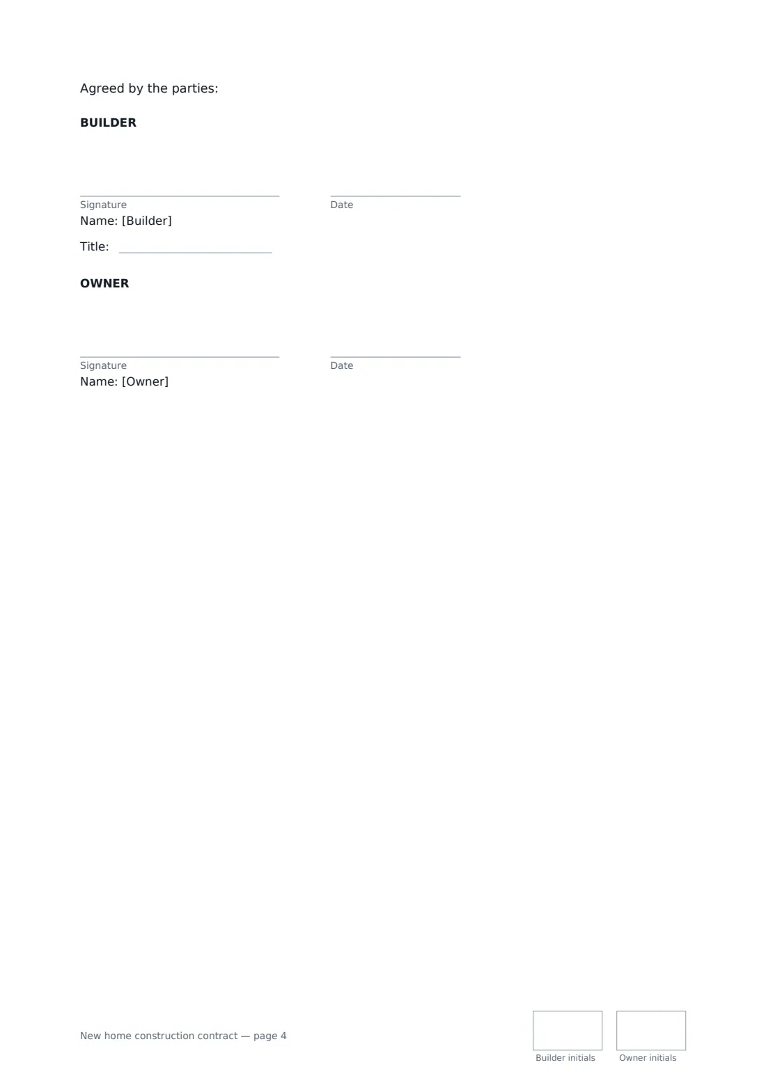 New home construction contract — page 4 of 4