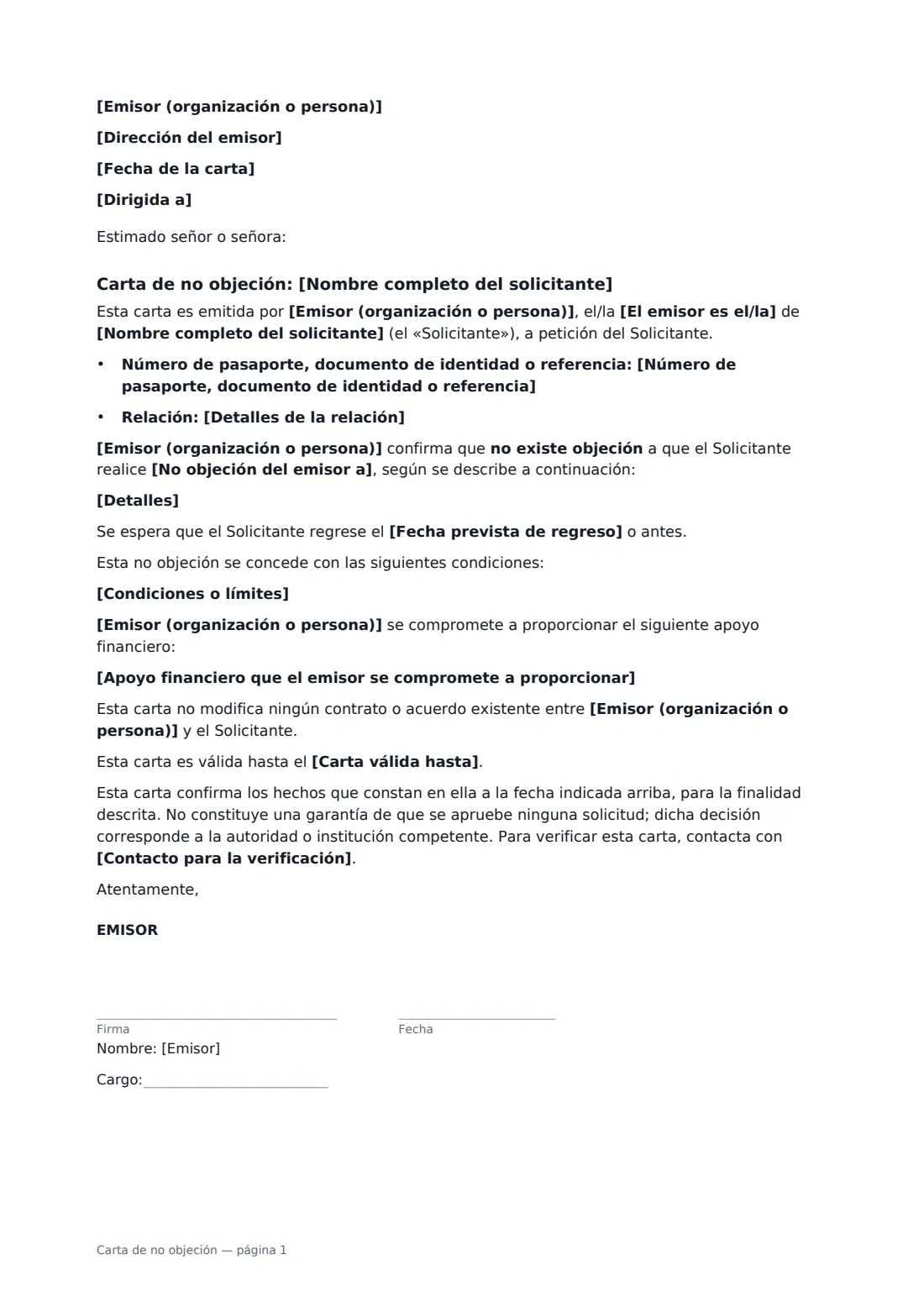 Carta de no objeción: página 1 de 1