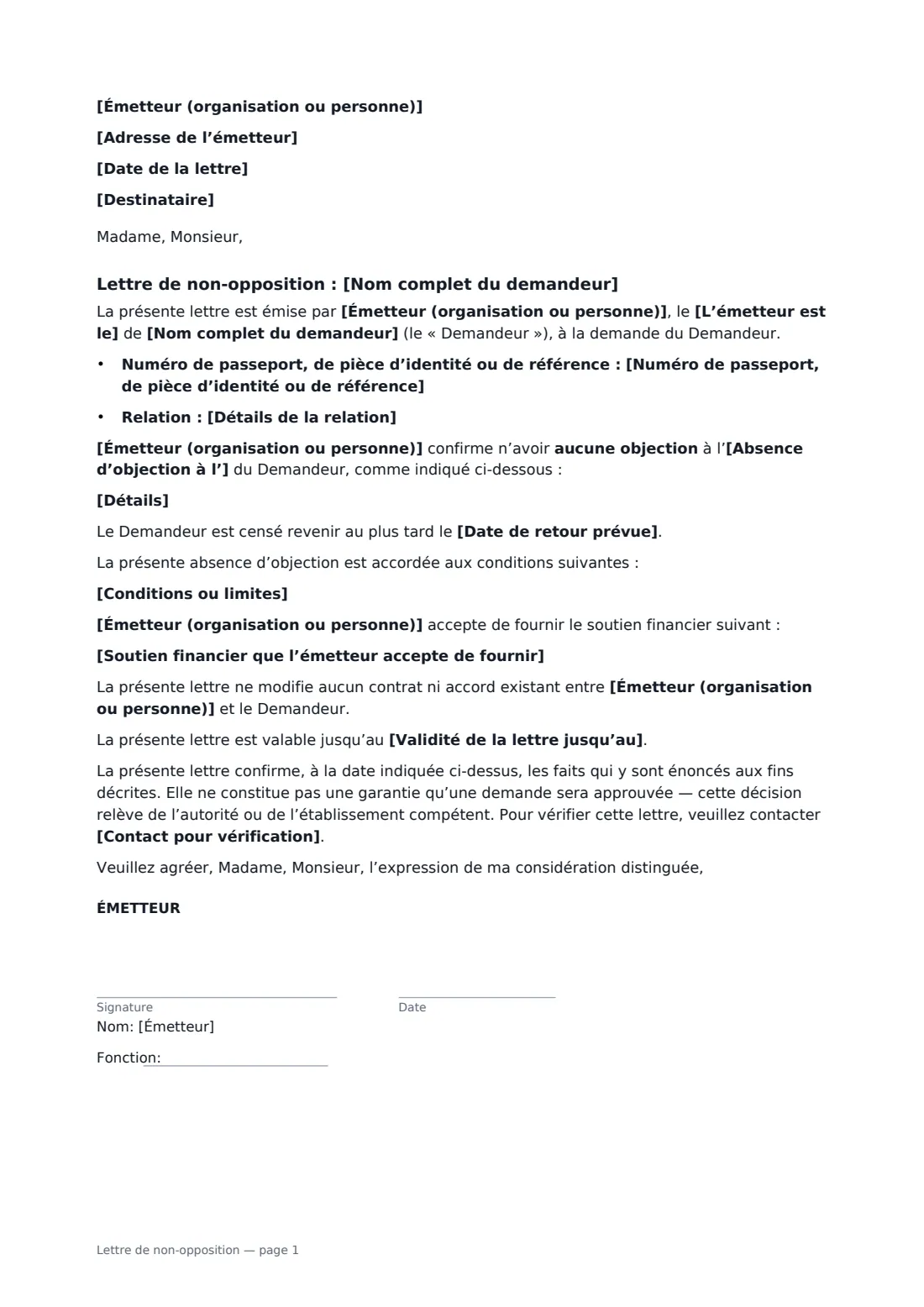 Lettre de non-opposition — page 1 sur 1
