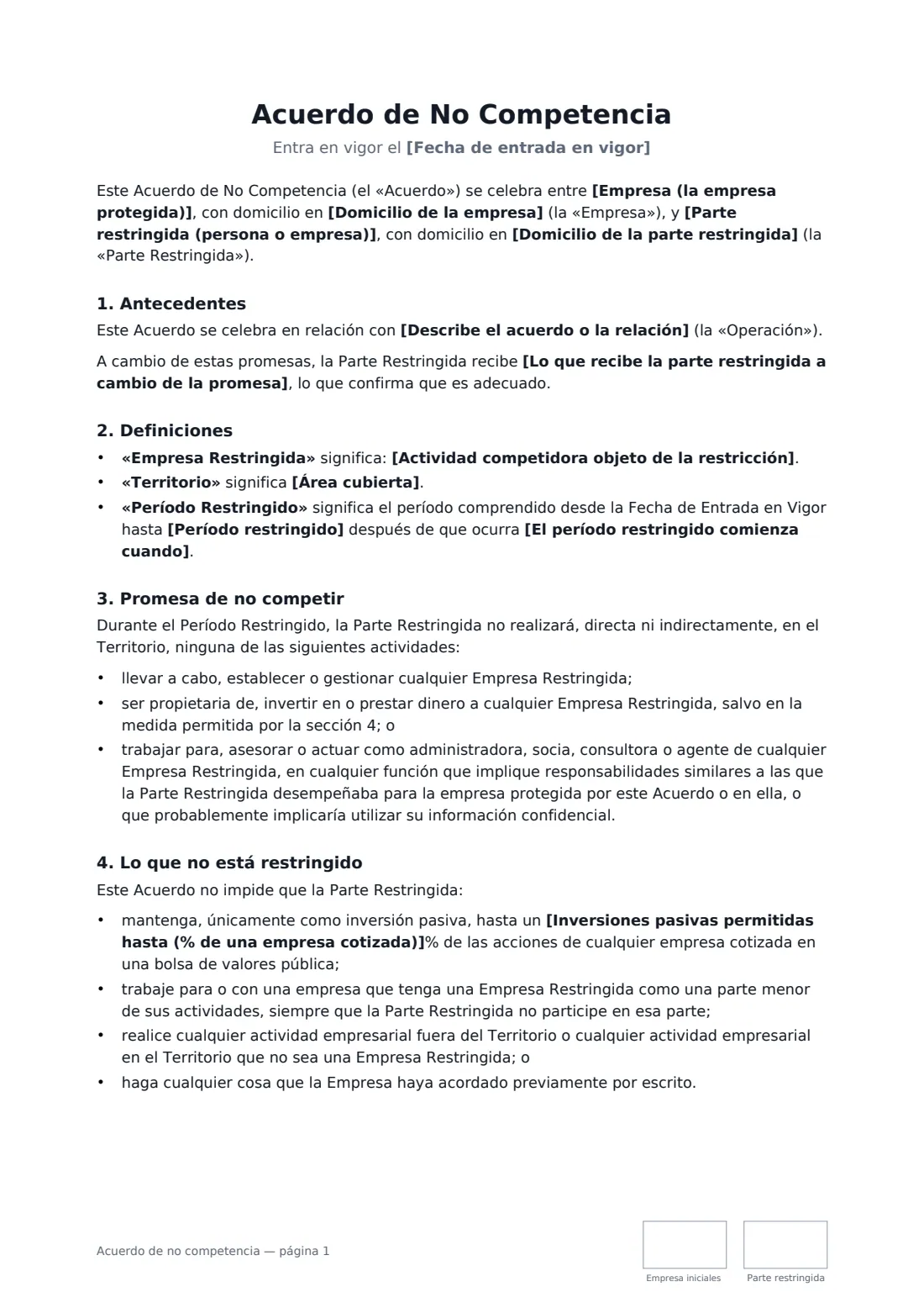 Acuerdo de no competencia: página 1 de 2