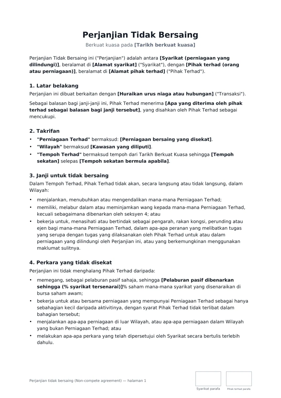 Perjanjian tidak bersaing (Non-compete agreement) — halaman 1 daripada 3