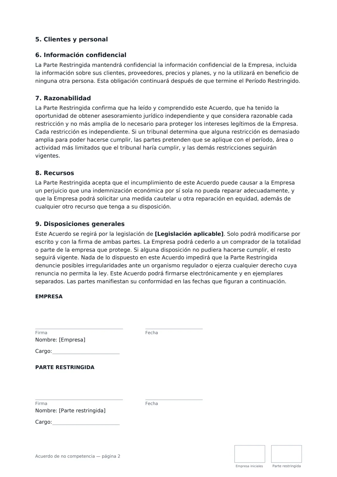 Acuerdo de no competencia: página 2 de 2