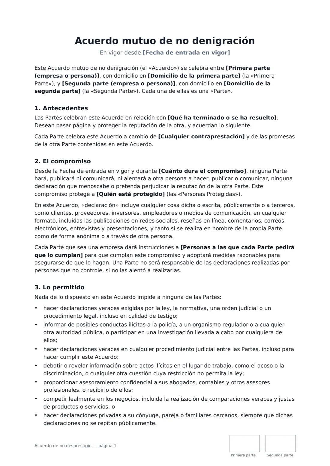 Acuerdo de no desprestigio: página 1 de 3