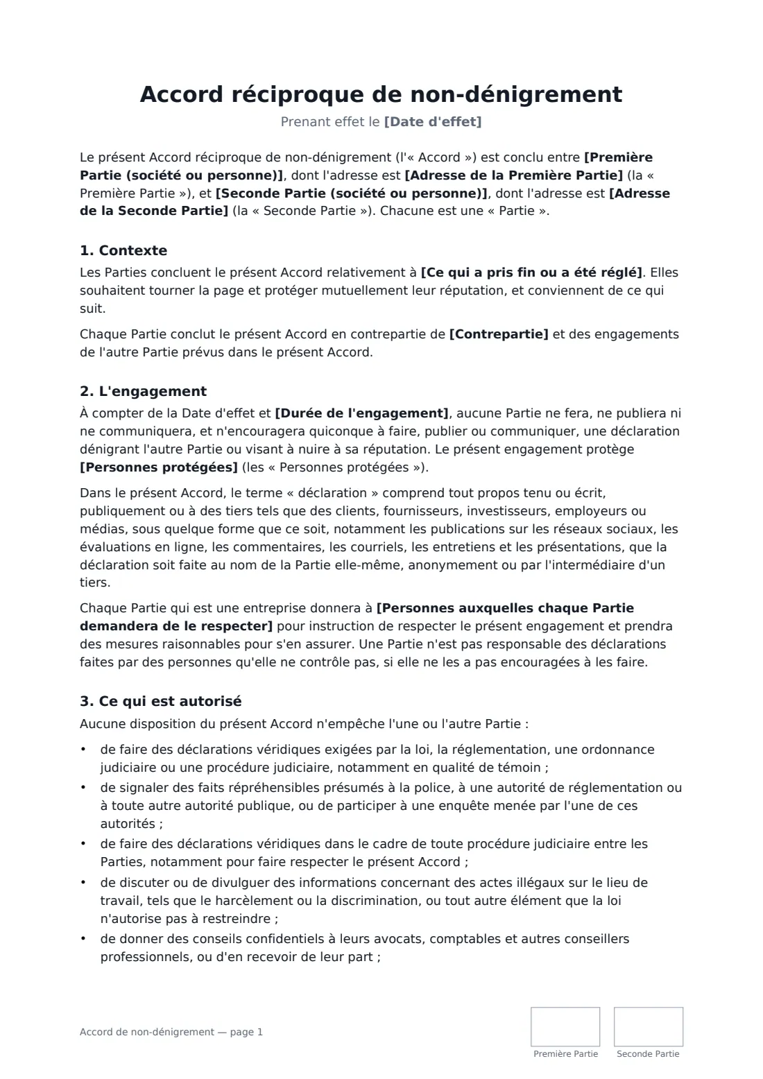 Accord de non-dénigrement — page 1 sur 3
